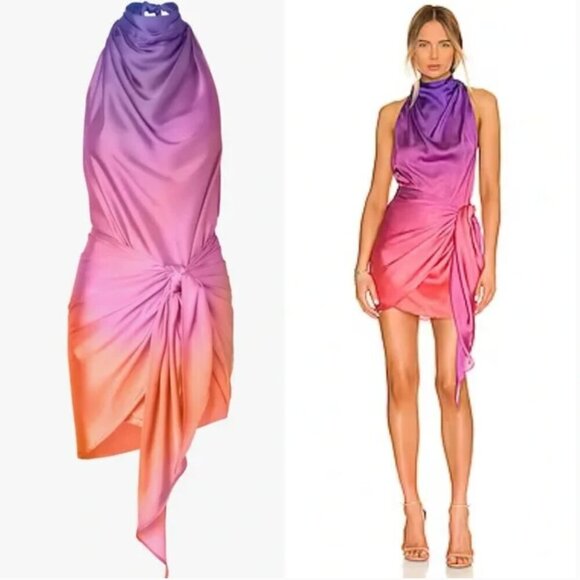 NEW BAOBAB x REVOLVE Providencia Dress Sunset Ombre draped high neck Satin party - Picture 4 of 11